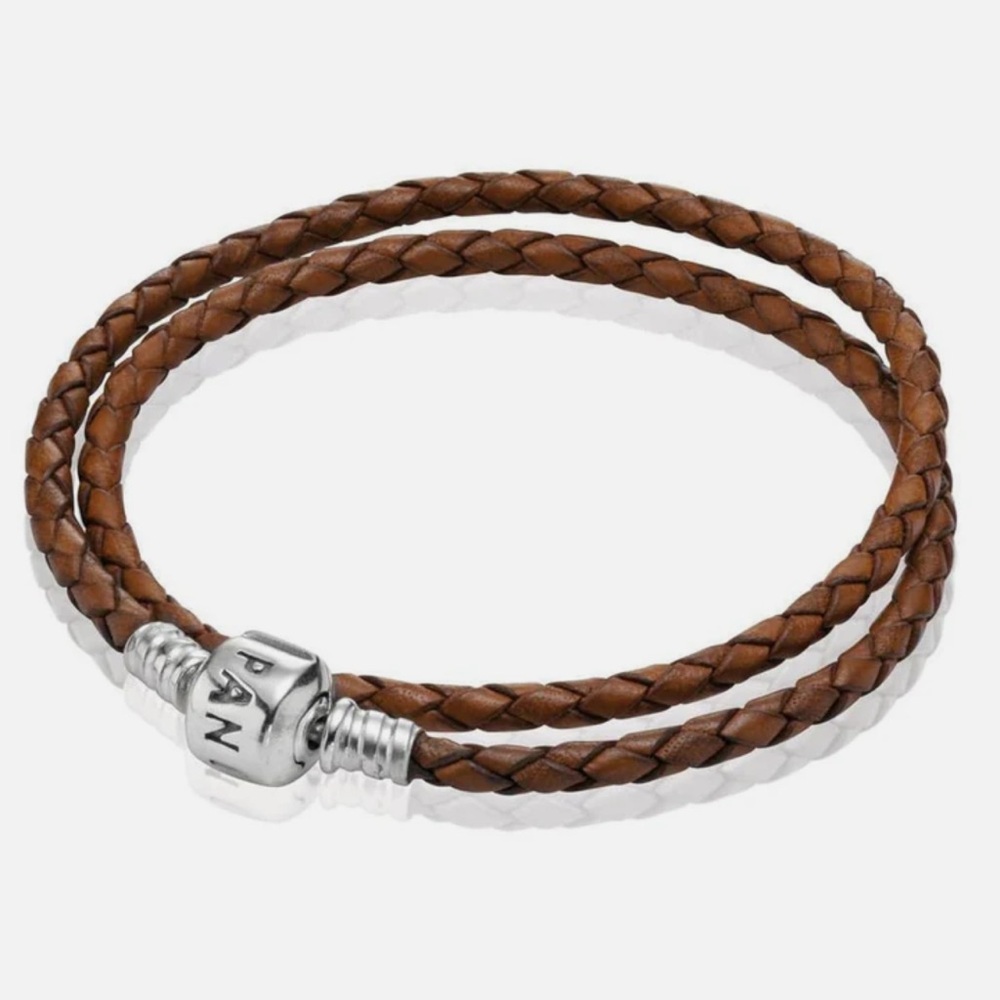🌻 Pandora Brown Braided Leather Double Wrap Bracelet with Silver Clasp